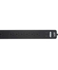 Rock Solid 1440 Joule Surge Protector Power Strip Featuring Seven Ample Outlets And A Six Foot Flat Plug Cord, black design.