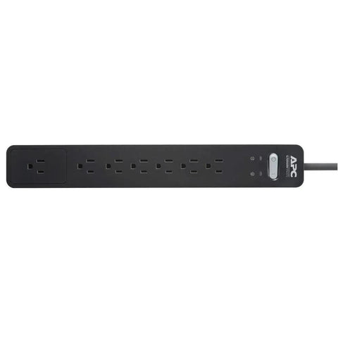 Rock Solid 1440 Joule Surge Protector Power Strip Featuring Seven Ample Outlets And A Six Foot Flat Plug Cord, black design.