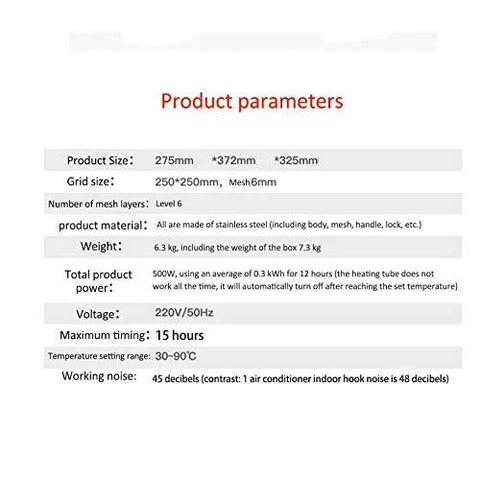 Product parameters of No Stress Six Tray Stainless Steel Food Dehydrator Machine for Fruits, Vegetables, Beef Jerky, Snacks, and Herbs.