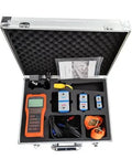 Portable Ultrasonic Flow Meter For Liquids With High Sensitivity And Digital Readouts No Contact Measurement Compact Design For Home Office Or Field Use RS232 Clamp Sensor Included Easy To Use On The Go, shown in an open carrying case.