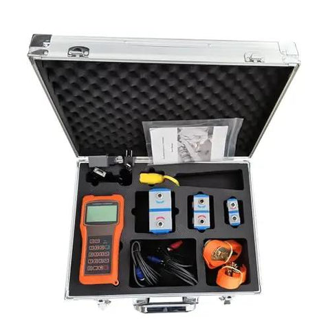 Portable Ultrasonic Liquid Flow Meter With RS232 Clamp Sensor And TM-1 Transducer kit in carrying case with components visible