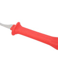 Premium 33HS High Carbon Steel Curved Blade Cable Stripping Knife With Ergonomic Insulated Handle And Protective Scabbard shown from the side.