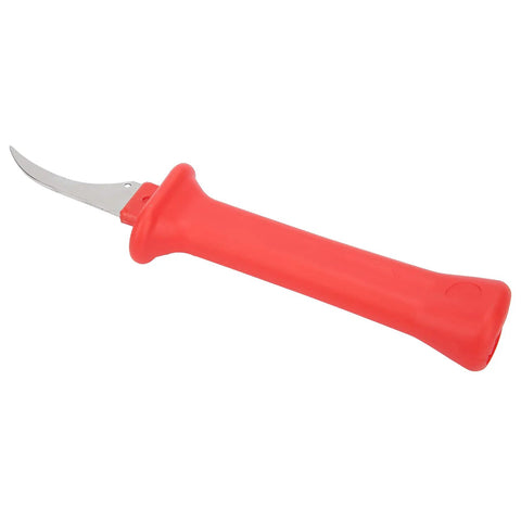 Premium 33HS High Carbon Steel Curved Blade Cable Stripping Knife With Ergonomic Insulated Handle And Protective Scabbard shown from the side.