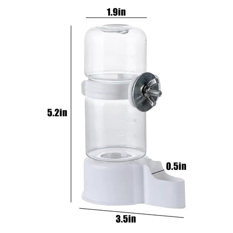 Automatic Bird Water Feeder With Secure Anti Tip Bowl For Small Cages showing clear glass container, white base, measuring 5.2in height.