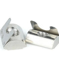 Solar Panel Grounding Nuts Drop-In Style For T Slot Aluminum Extrusion Profiles With 8Mm Groove Heavy Duty Carbon Steel Fasteners Perfect Fit For 30 Series And 40 Series PV System Installation Kits Including 20 Pieces Made To Hold Up Strong, close-up view of stainless steel drop-in grounding nuts.