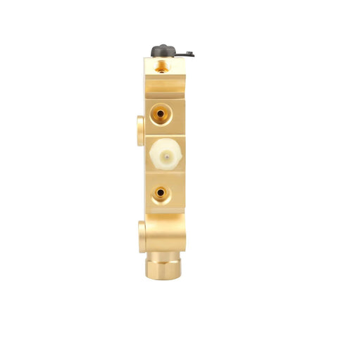 PV2 brake proportioning valve, brass body, side view with front disc and rear drum ports.