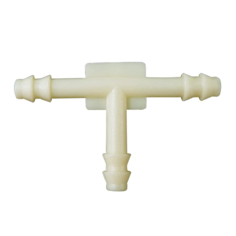 Plastic tee-style vacuum hose connector with barbed ends