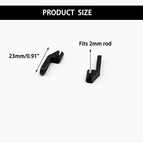 Image showing Ten Pack RC Airplane Plastic Swing Keepers for 2mm Rods Snug Snap Fit with size details, made of black plastic.