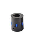 Built Tough L Shaped Plum Servo Motor Coupling Featuring Star Flex Design High Torque Transfer Knockout Precision showing black body with blue accents.