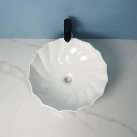 USZWBY Vessel Sinks Modern Minimalist Hotel Washroom Above Basin Bathroom Round Washbasin Ceramic Vessel Sink with scalloped edge