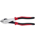 Diagonal Cutting Pliers With Angled Head For Tight Spaces 8 Inch High Leverage With Short Jaws Built For Heavy Duty Go To Electrician Work 36 Percent More Cutting Power Made In USA Durable Electrical Tool, showing full view with red and black handles