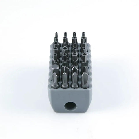 Tamperproof Bit Set 32 Piece Magnetic Driver Bits Kit With TORX Hex Spanner Tri Wing TORQ And More Durable Heat Treated Steel Bits With PVC Storage Block For Easy Access And Organization. 32-piece tamperproof bit set in PVC block, angled view