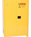 No Bull 90 Gallon Tower Safety Cabinet With Dual Doors And Two Rock Solid Shelves For Flammable Liquid Storage Featuring Forklift Ready Rolling Legs Crafted From Heavy 18 Gauge Steel With Safe Grounding In Bright Yellow Finish showing closed dual doors and safety signage.