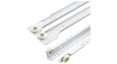 Top Shelf Bottom Mount Drawer Slides For Rv And Mobile Homes Fresh White Powder Coated Finish with durable plastic wheels.