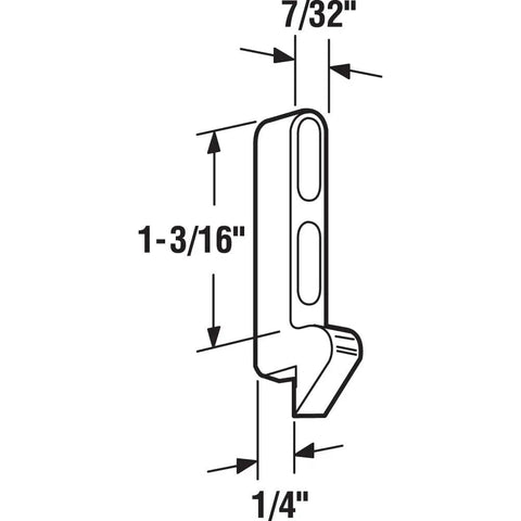 Diagram of Diecast Zinc Sliding Screen Door Keeper Kit 7/32 Inch Wide With 1/4 Inch Hook Projection, showing dimensions.
