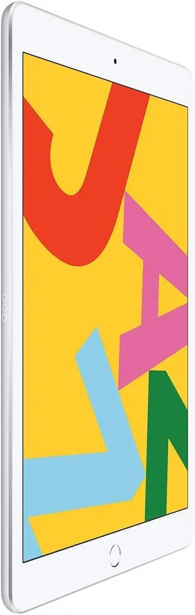 Pre Owned Seventh Gen Ten Point Two Inch Wireless Tablet Thirty Two Gb Storage Silver Body Touch Id Sensor A10 Fusion Processor Mean Performance showing colorful screen design.