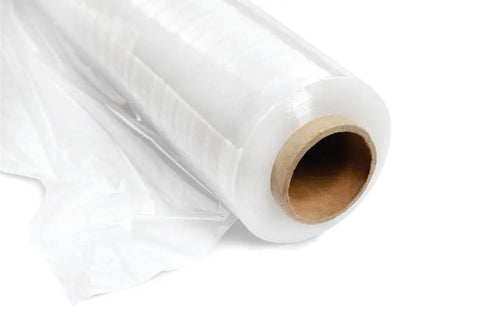 Heavy Duty Stretch Film Roll For Industrial Machine Bundling Clear Plastic Shrink Wrap on a white surface with a cardboard core.