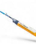Fluke Networks FiberLert-125 fiber optic tester, angled view with orange handle and blue-gray body, yellow fiber lead.