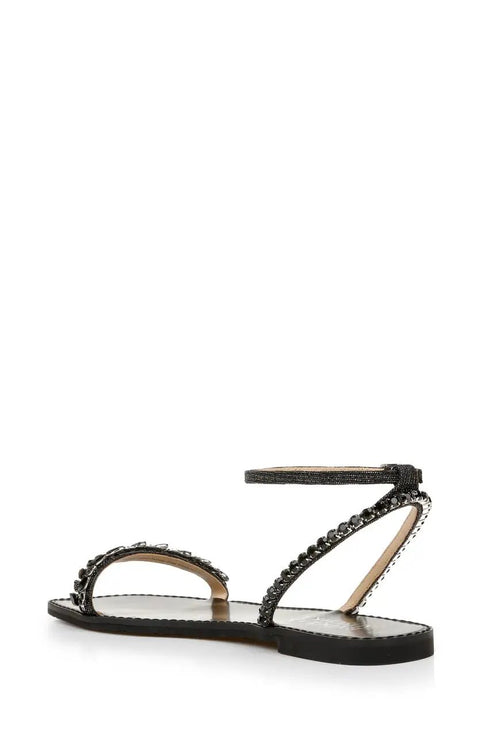 Side view of Kensy Flat Sandal For Women In Champagne With Ornate Embellishment And Breathable Leather Lining Easy Slip On Comfort Sandal