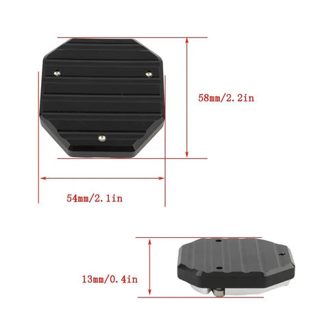 Aluminum Alloy Kickstand Plate Extension For Universal Dirt Bikes And Motorbikes Side Stand Foot Pad Dope Upgrade Durable Wear Resistant Support Accessory Silver, top and side view with measurements