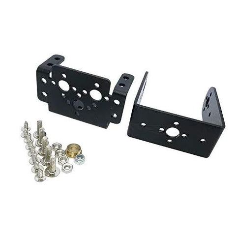 Two black metal pan-tilt servo brackets with mounting hardware, front view.