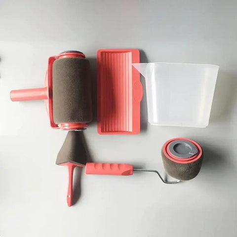 Pro Heavy Duty Diy Paint Roller Brush Set With Flocked Edger Tool And Leak Proof Paint Tray arranged flat, highlighting components.