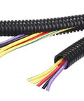 Top Shelf One Hundred Feet Split Wire Loom Conduit Tubing Built Tough Black Polyethylene Cable Sleeve with exposed wires.
