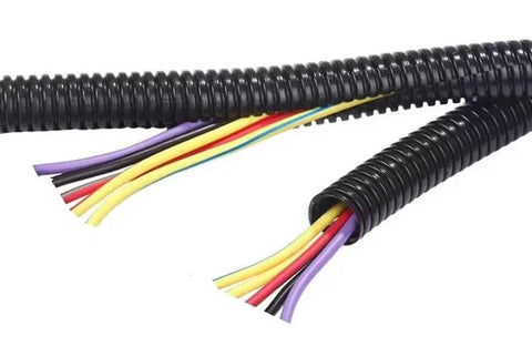 Top Shelf One Hundred Feet Split Wire Loom Conduit Tubing Built Tough Black Polyethylene Cable Sleeve with exposed wires.