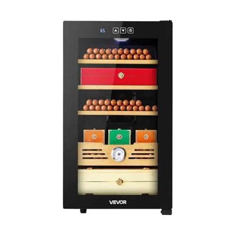 Front view of Electric Humidor For Home Use 48L Cigar Cabinet with cooling temperature control, cedar shelves, and hygrometer.