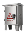 Heavy Duty 304 Stainless Steel Electrical Enclosure Box With Secure Safety Latch And Wall Mounting Plate, angled view with warning label.