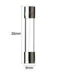 Close-up of a 6x30mm glass fuse from the Inline AGC Fuse Holder Kit With 5 Pieces 6x30mm Screw Type 16 AWG Wire And 100 Fast Blow Glass Fuses 6x30mm Assorted Set 0.5A To 15A For Auto Electrical Projects Plug And Play