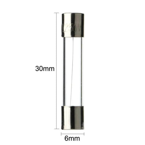 Close-up of a 6x30mm glass fuse from the Inline AGC Fuse Holder Kit With 5 Pieces 6x30mm Screw Type 16 AWG Wire And 100 Fast Blow Glass Fuses 6x30mm Assorted Set 0.5A To 15A For Auto Electrical Projects Plug And Play