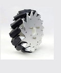 Side view of 6-inch mecanum wheel with ball bearings, black rollers and metal hub.