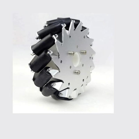 Side view of 6-inch mecanum wheel with ball bearings, black rollers and metal hub.