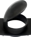 Front view of a black plastic vacuum inlet deflector with a flip-up circular lid mounted on a rectangular base.
