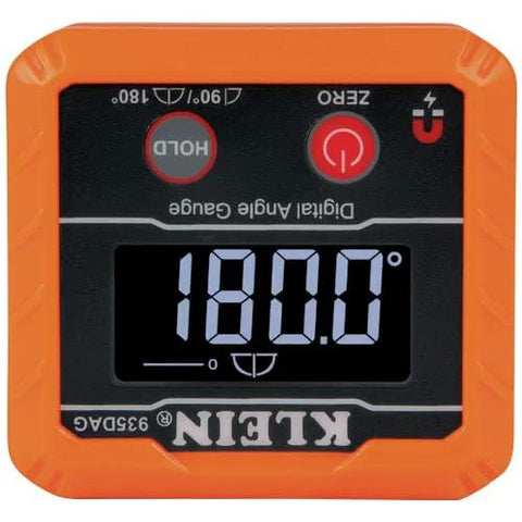 Klein Tools 935DAG digital level and angle gauge, front view in orange housing, display reads 180.0° (0-90°/0-180°).