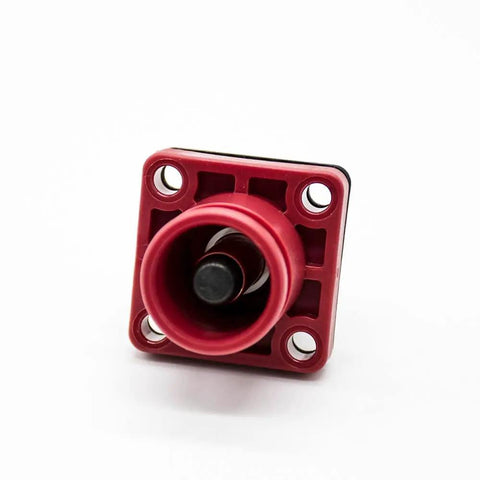 Pro Level Heavy Duty Right Angle Plug And Socket Connector For 8Mm 25Sq Mm Wiring Red Ip65 Touchproof Busbar Lug Quick Swap Slick Design For Battery Storage Ev Hev Work Rig Power Station 120 Amp viewed from the front.