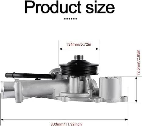 Water Pump AW6341 Replacement Fits Dodge Durango 2009 And Ram 1500 2009 Through 2020, side view dimensions.