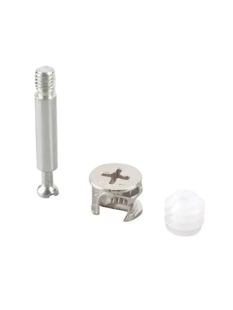 50 Piece Built Tough Cam Lock Fittings And Furniture Connector Hardware Kit With Rust Resistant Cam Screws and Eccentric Wheel Nuts for Rock Solid Cabinet Building and No Sweat Wood Assembly including cam screws and connector nuts.