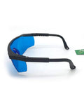 Premium He Ne Laser Safety Glasses 632.8Nm Hella Clear Lenses side view with blue lenses and black frames for laser protection.