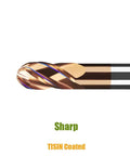 Carbide ball-nose end mill bit, 4-flute, TISIN coated, copper finish, for alloy steels