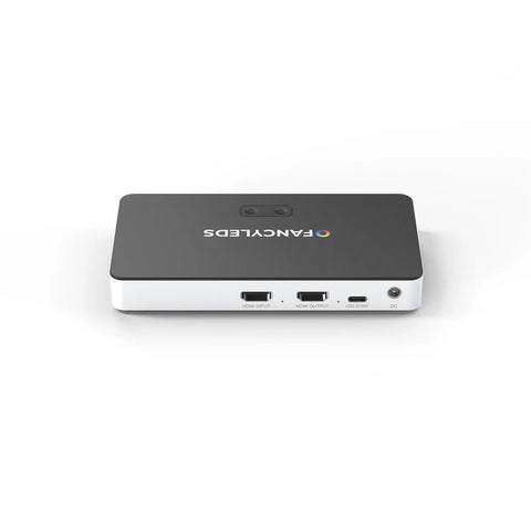 Black HDMI 2.0 ambient TV backlighting sync box with HDMI ports, compatible with 44 to 55 inch TVs, easy plug in setup, immersive lighting kit.