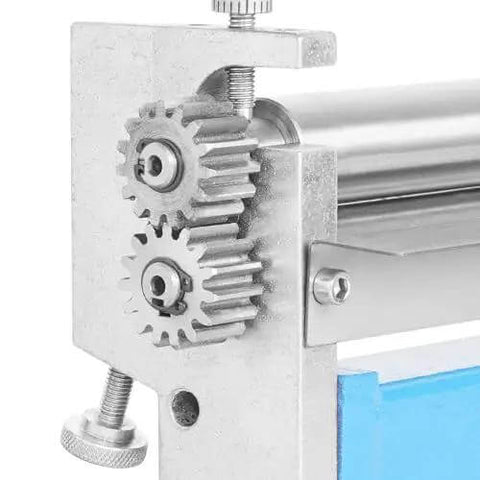 Beefy Slip Roll Metal Forming Machine 12.6 Inch With Detachable Rollers, close-up of gears, 20 gauge capacity, for aluminum and steel.