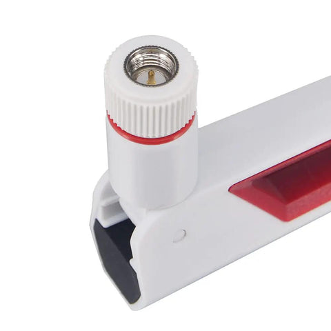 Close-up of Dual Band Antenna 2.4 GHz 5 GHz High Gain 5 dBi SMA Male Plug, visible SMA connector, white and red details.