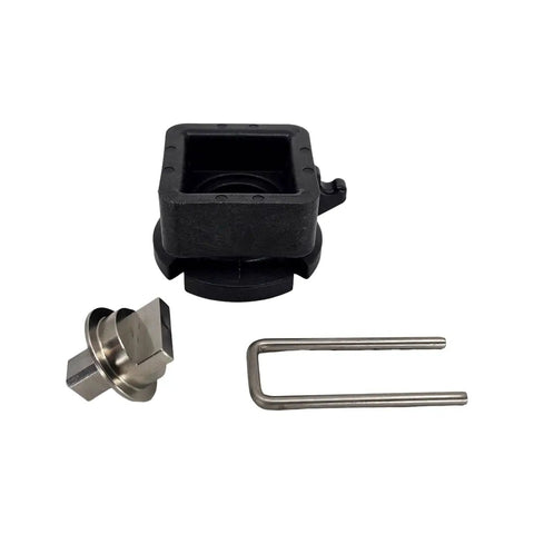 Heavy Duty EV To EVX Motor Adapter Kit components including a black plastic bracket and metal pin for motor installation.