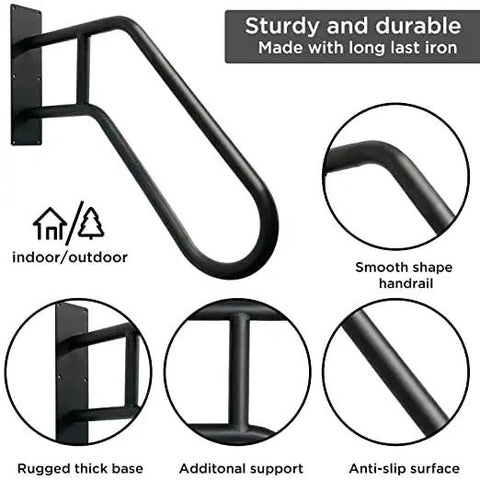 Heavy Duty Wall Mount Handrail U Shaped Curve For Outdoor Steps Indoor Stairs Solid Stainless Steel Grab Bar Matte Black secure grip, detailed view.