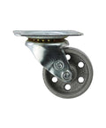 Side view of 2 Inch Cast Iron Swivel Plate Caster With Silver Wheel And Heavy Duty Ball Bearing Mount 125 Lb Load Capacity Per Caster