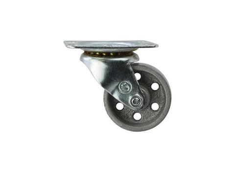Side view of 2 Inch Cast Iron Swivel Plate Caster With Silver Wheel And Heavy Duty Ball Bearing Mount 125 Lb Load Capacity Per Caster
