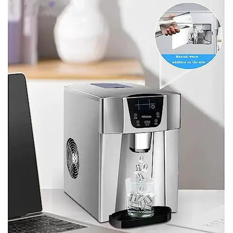 Countertop Ice Maker With 26 Lb Daily Output And 2 Liter Water Dispenser Churning Out Fresh Ice Straight Up In Glossy Silver with glass.