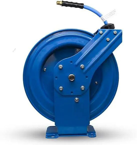 Heavy Duty One Half Inch By Five Hundred Foot Pneumatic Air Hose On Solid Wooden Spool Kink Free Ozone Guarded Rubber Cover, Blue Air Hose Reel.